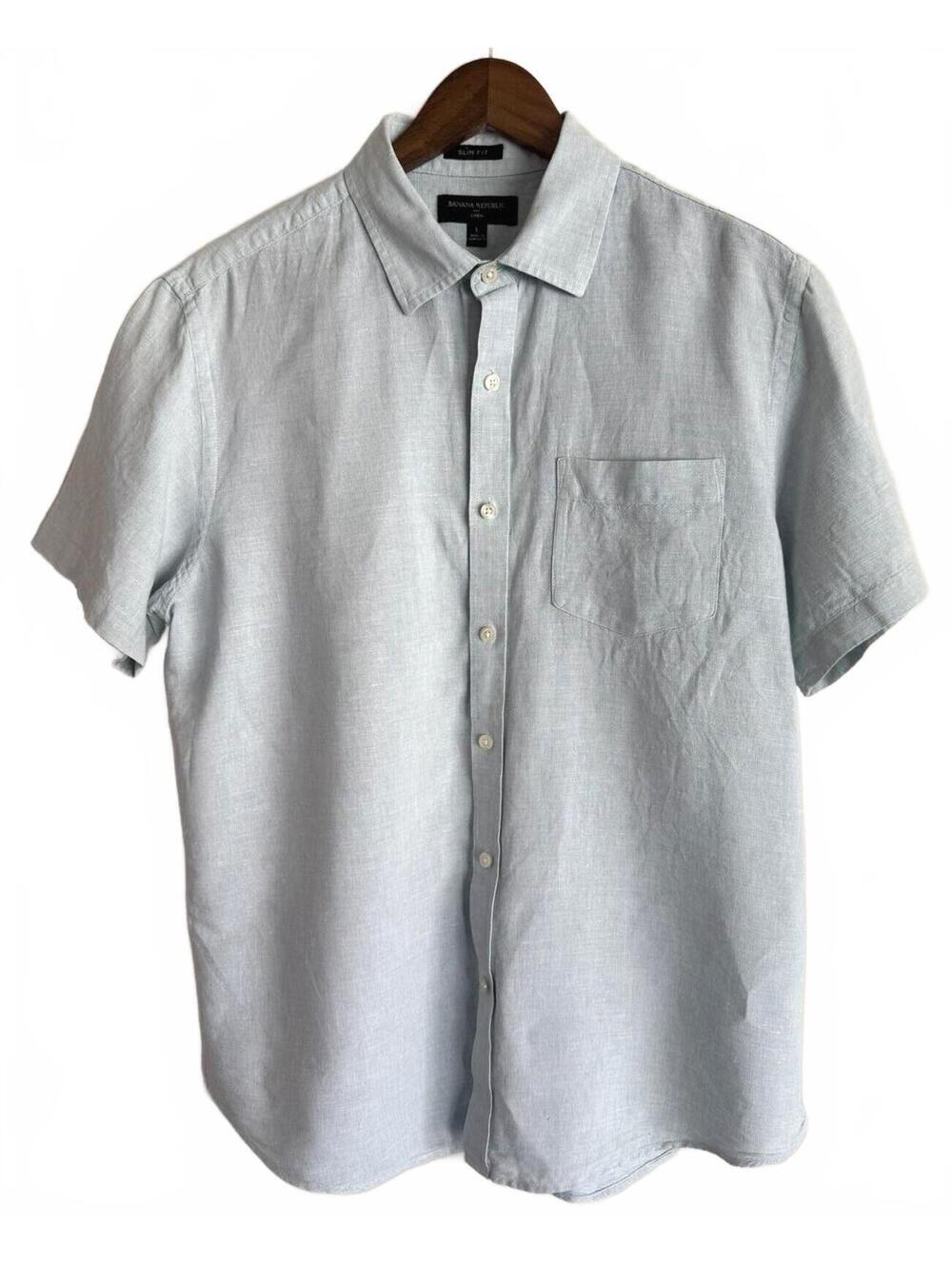 Banana Republic Linen Shirt Mens Large Slim Fit Blue Short Sleeve Button Up